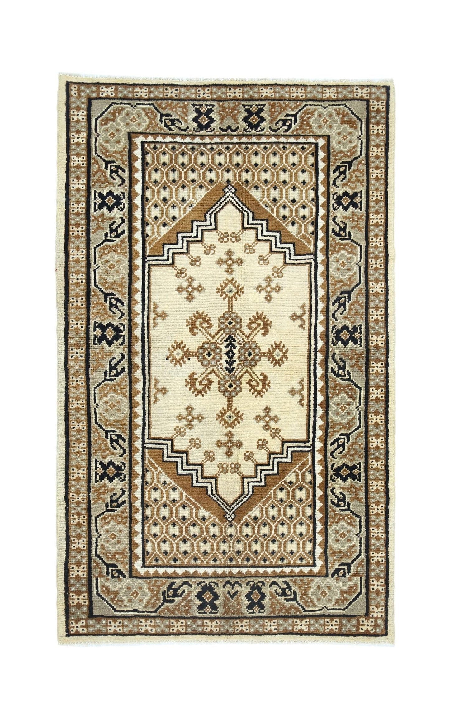 A handwoven Afghan wool rug featuring a central geometric medallion in neutral earth tones.