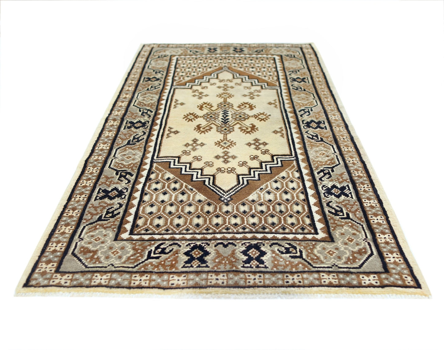 A rectangular handwoven Afghan rug featuring a geometric tribal pattern in shades of brown and cream.