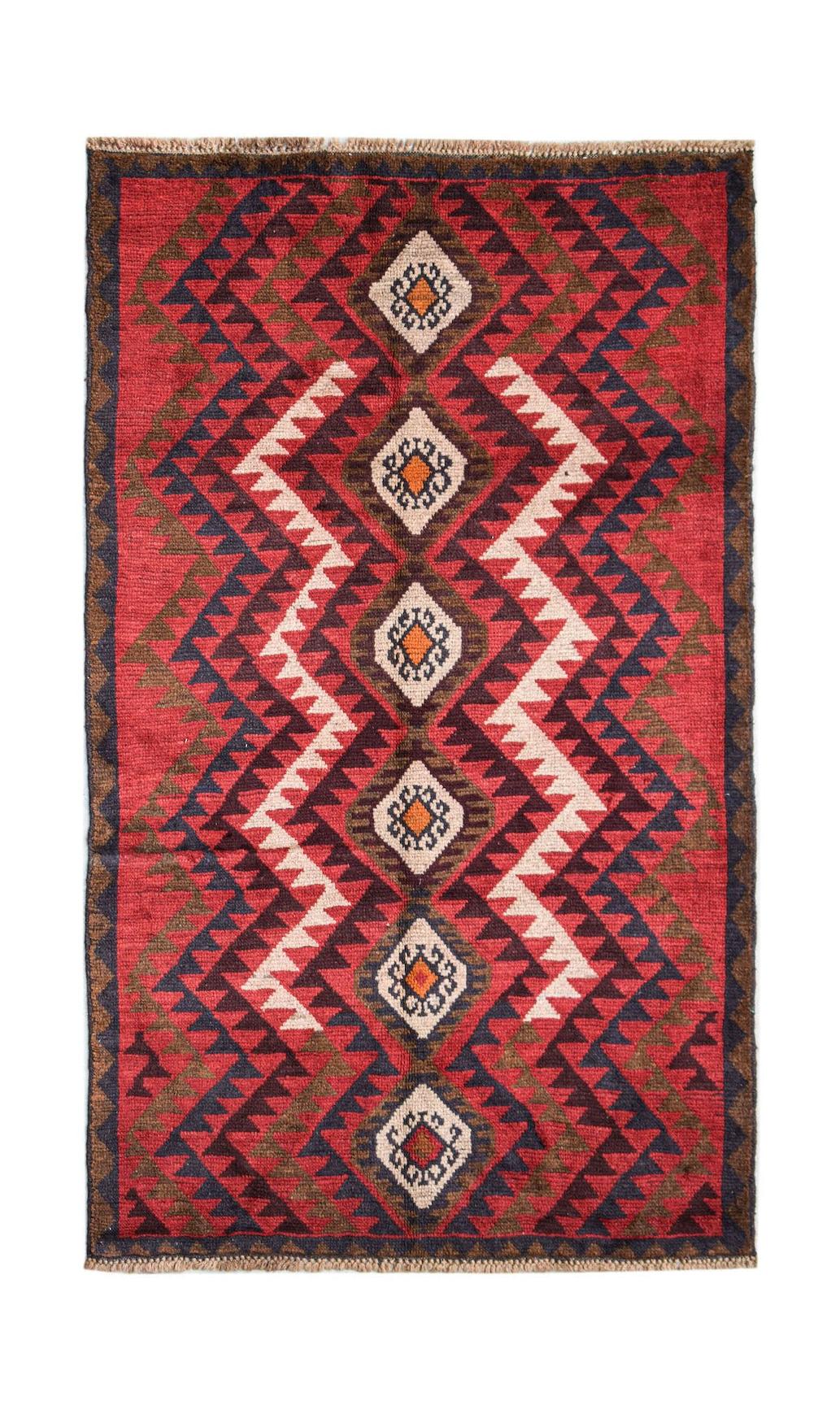 Handmade Afghan Pashm rug featuring a geometric diamond pattern in red, brown, and ivory wool.