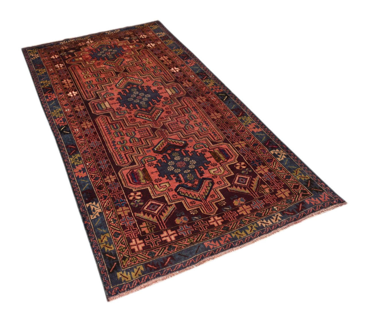 Handmade Afghan Pashm rug featuring traditional tribal geometric patterns in red, blue, and brown.