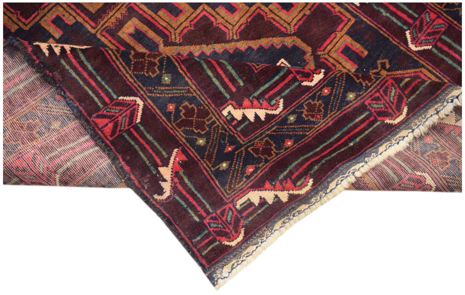 Handmade Afghan Pashm rug featuring a dark geometric tribal pattern in red, brown, and blue.
