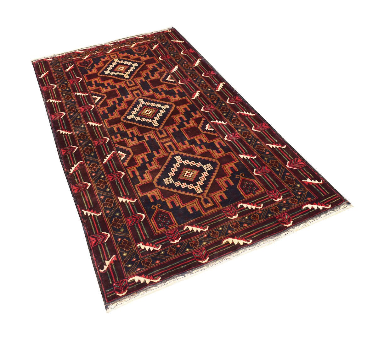 Handmade Afghan Pashm rug featuring a dark geometric pattern with ivory accents on a wool base.