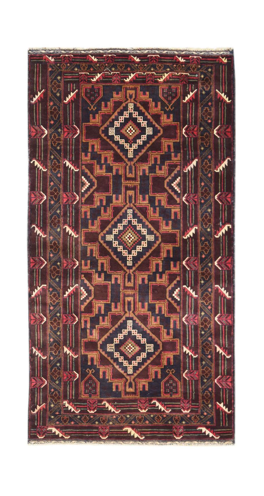 Handmade Afghan Pashm rug featuring a geometric tribal pattern in dark red, brown, and blue tones.
