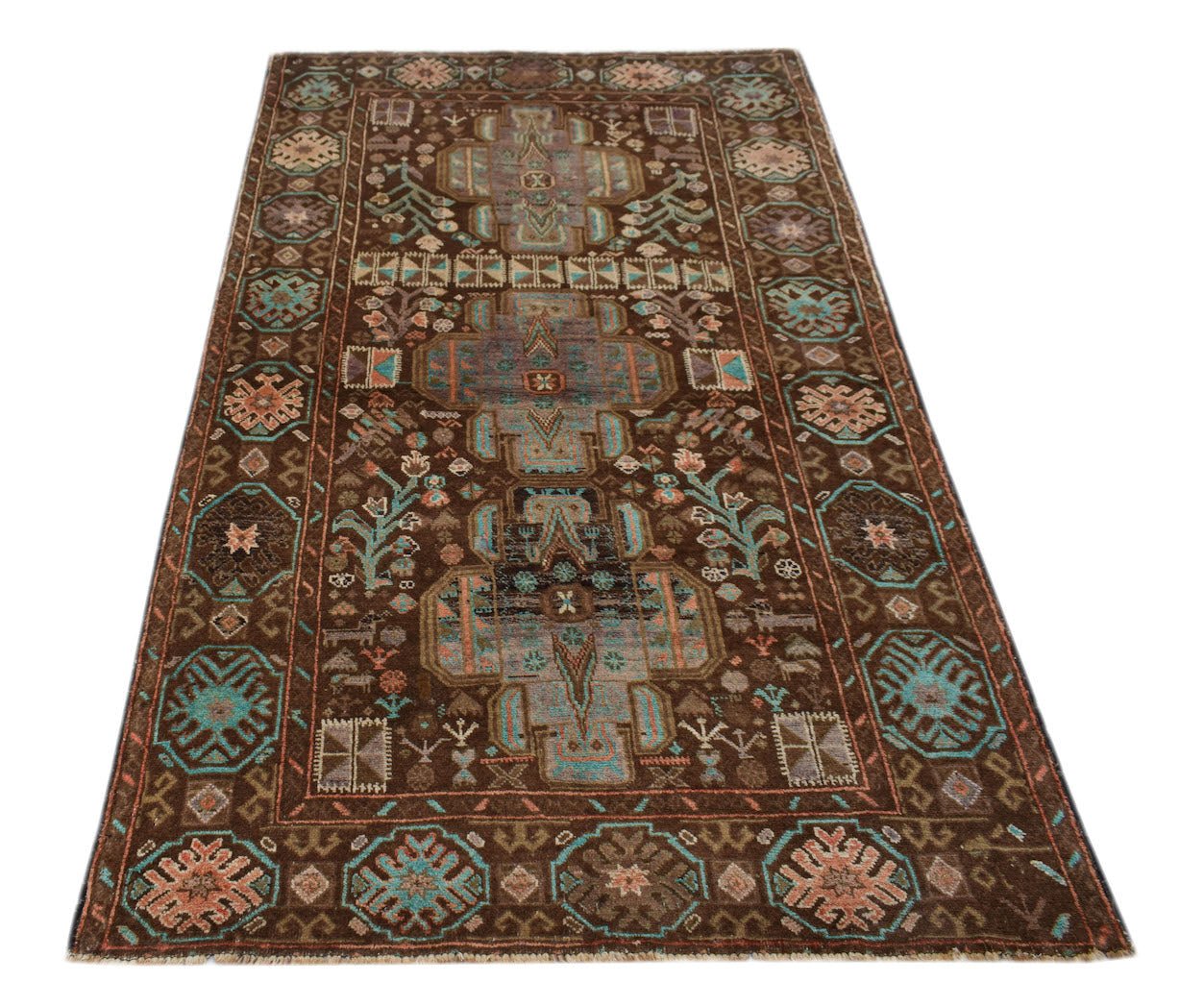 Handmade Afghan Pashm rug featuring a dark brown field with geometric blue and ivory patterns.