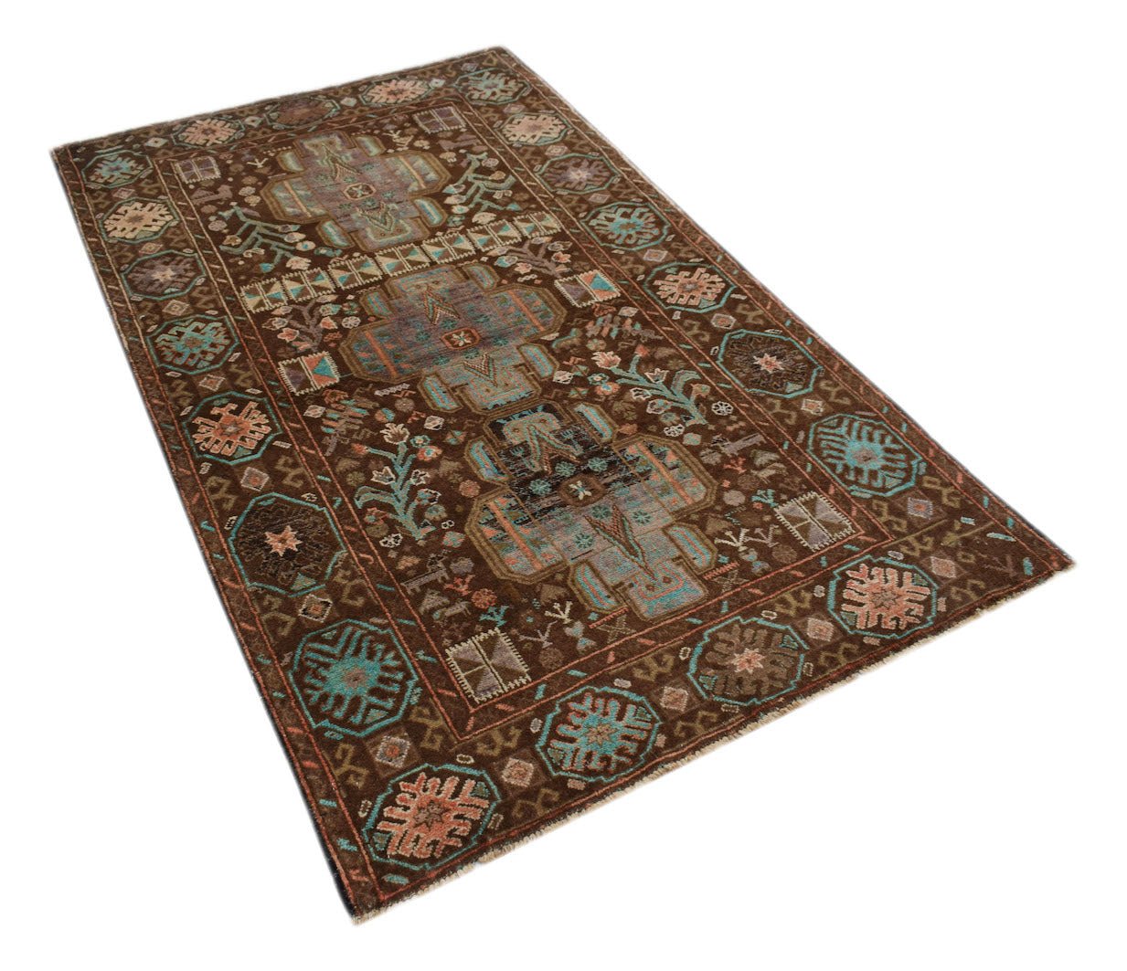 A handmade Afghan Pashm rug featuring geometric tribal patterns in shades of brown, blue, and pink.