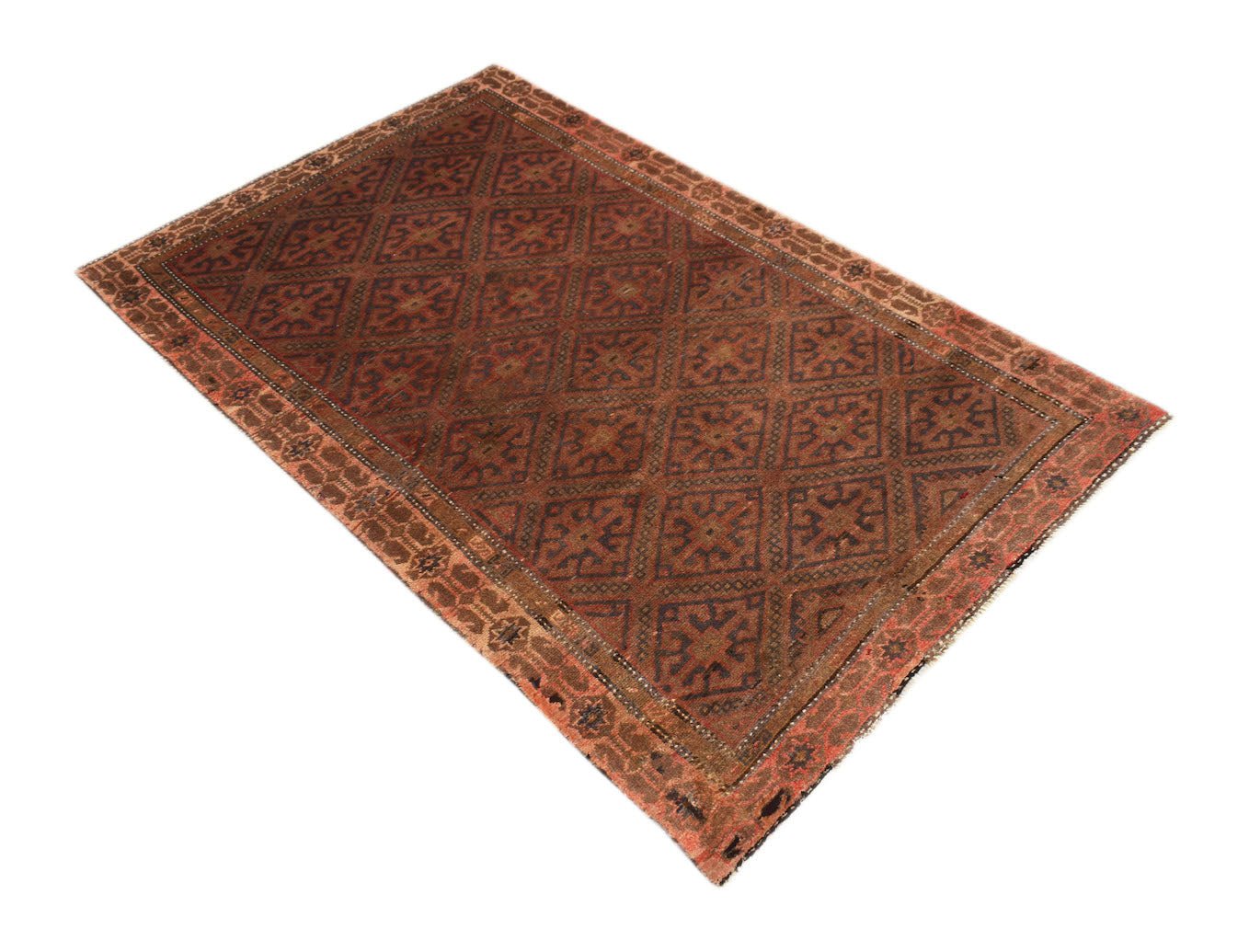 Handmade Afghan Pashm rug featuring a geometric diamond pattern in shades of red and brown.