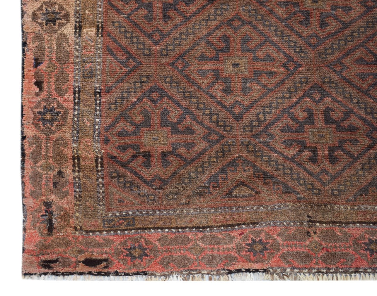 Handmade Afghan Pashm rug featuring a geometric diamond pattern in shades of red, brown, and blue.