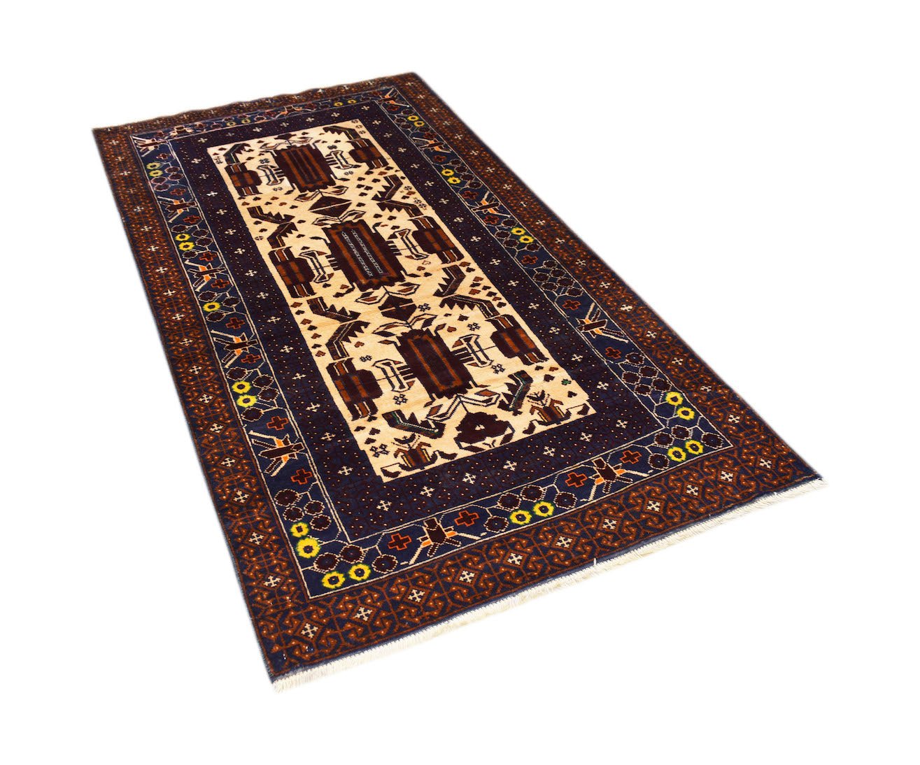 A handmade Afghan Pashm rug featuring a geometric tribal pattern in dark blue, brown, and ivory.