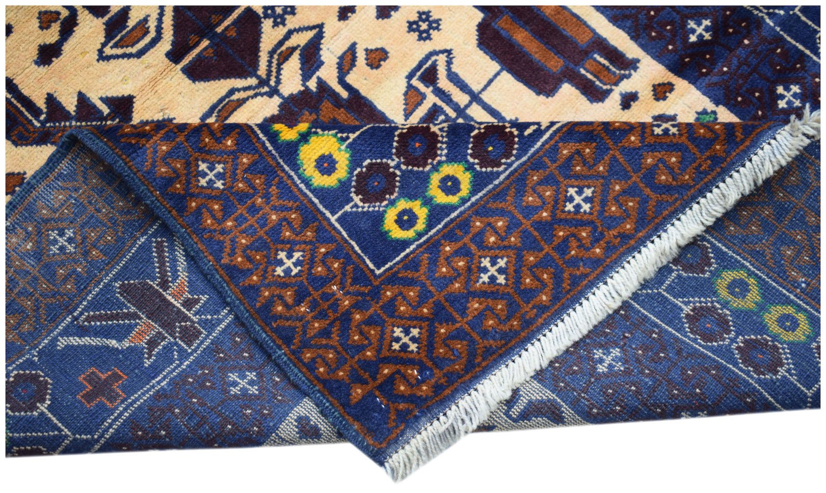 A handmade Afghan Pashm rug featuring a dark blue border with floral motifs and geometric patterns.