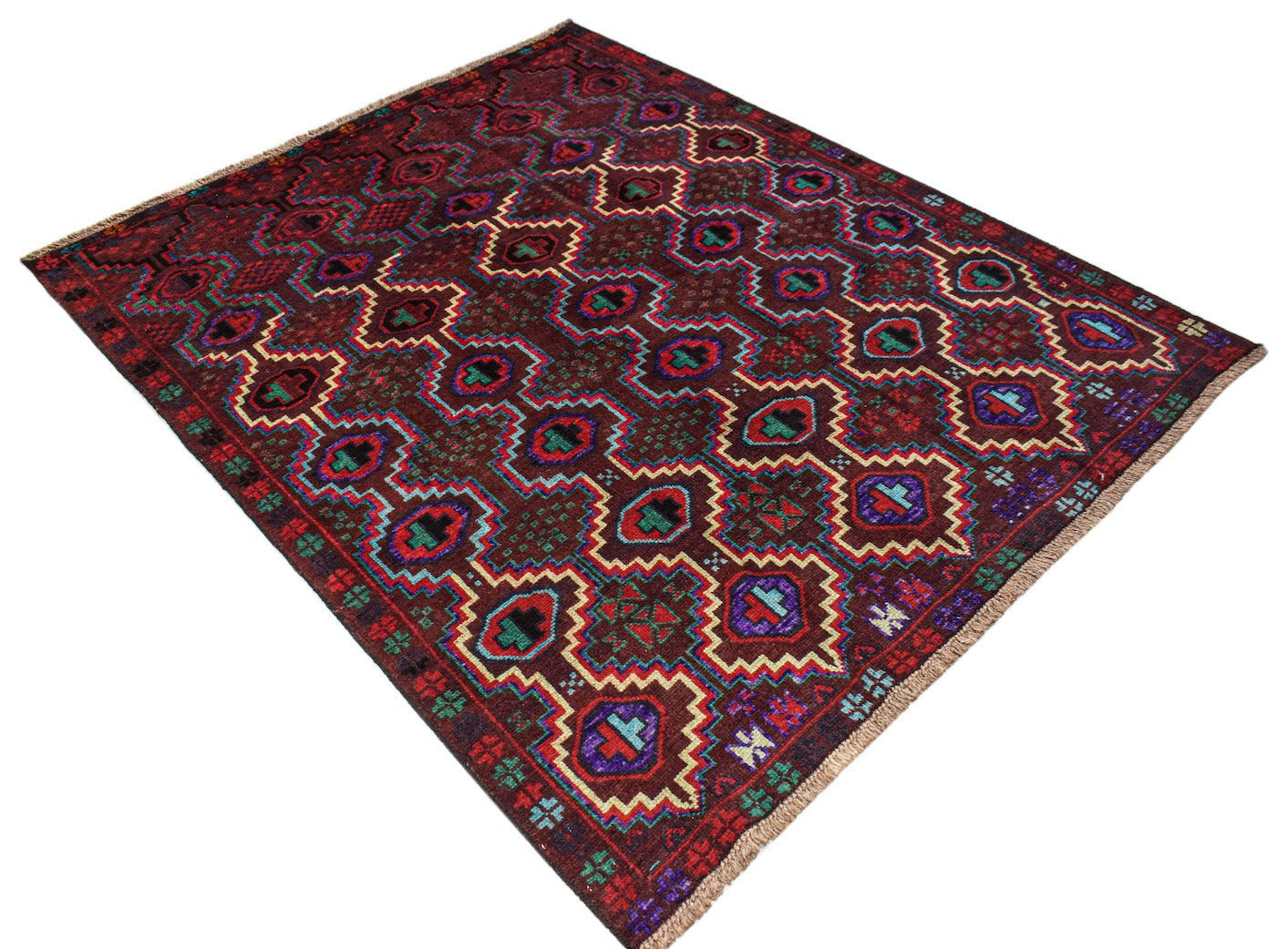 Handmade Afghan Pashm rug featuring a geometric tribal pattern in deep red, brown, and blue tones.