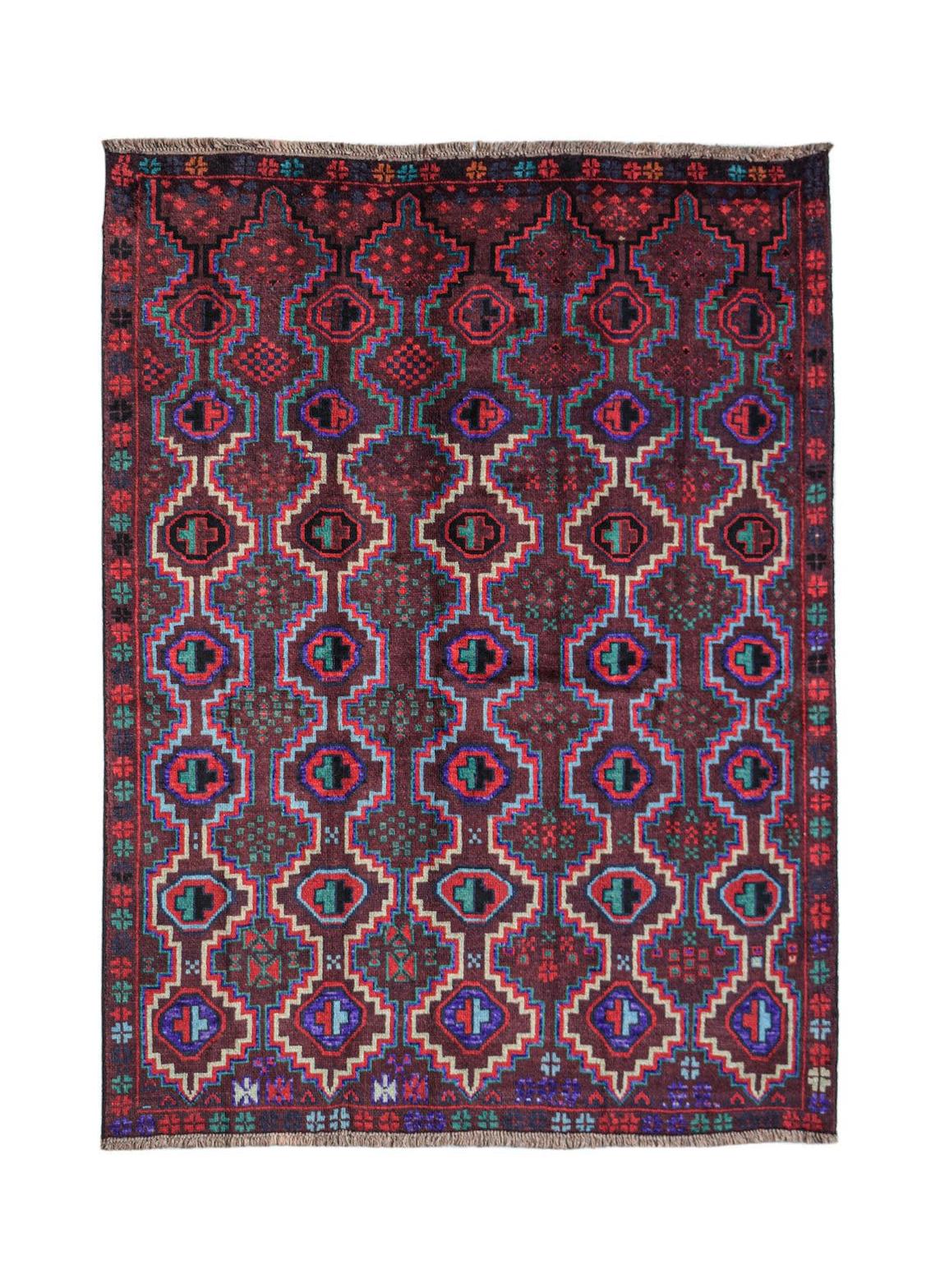 Afghan Pashm Rug with geometric patterns in red, blue, and green.