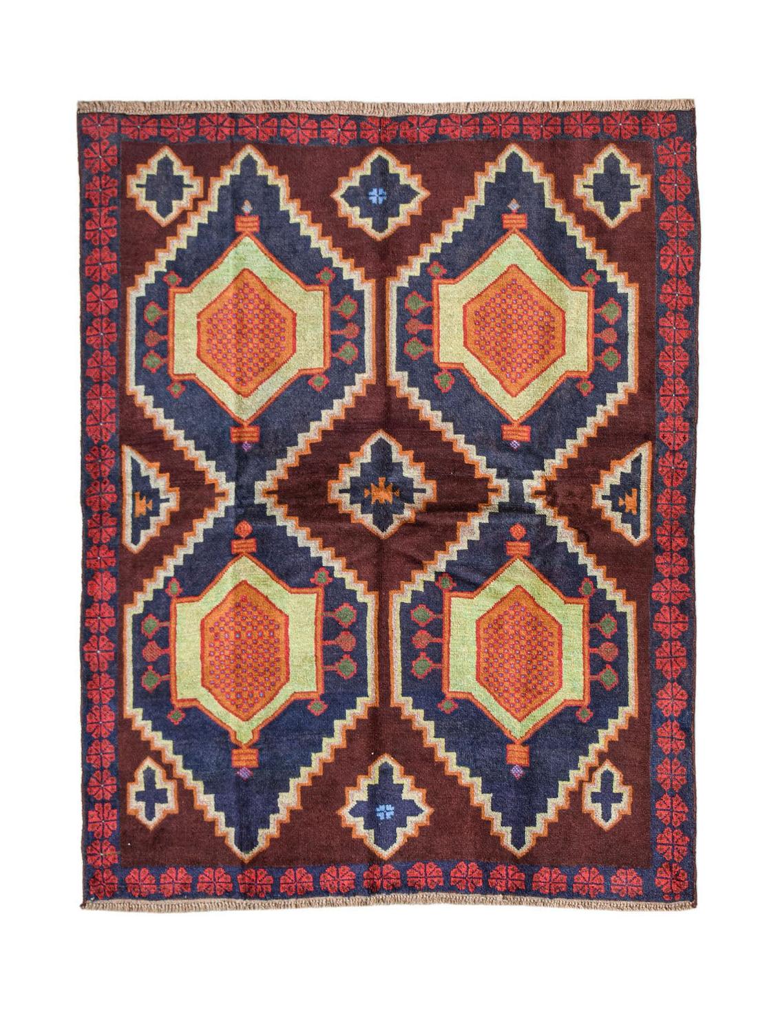 Handmade Afghan Pashm rug featuring a geometric diamond pattern in dark blue, red, and green.