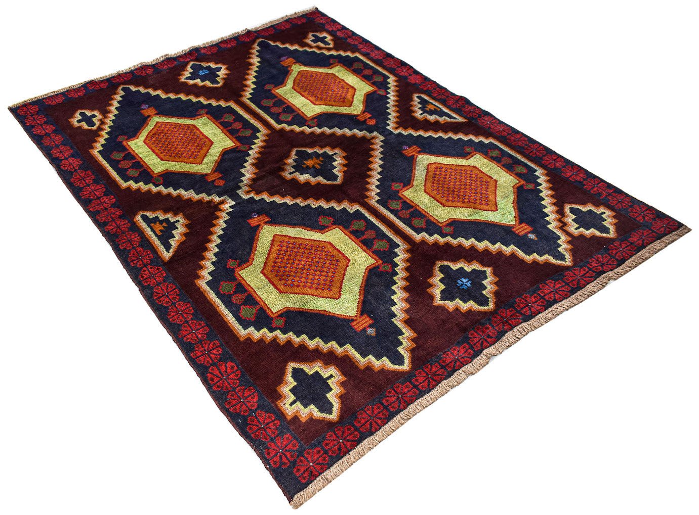 Handmade Afghan Pashm rug featuring a geometric pattern in dark red, blue, and yellow tones.