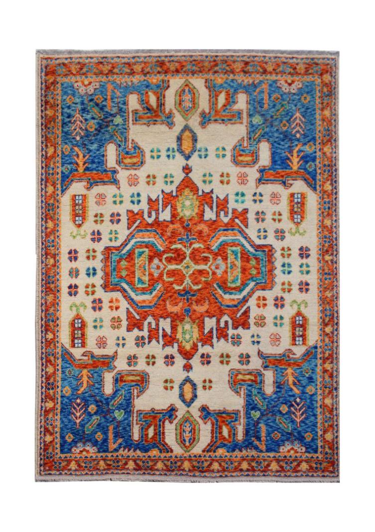 Handmade Afghan wool rug featuring a vibrant geometric tribal pattern in blue, orange, and cream.