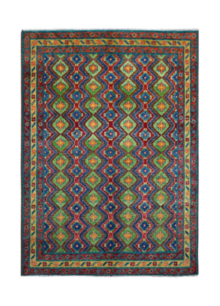 Handmade Afghan wool rug featuring a vibrant geometric diamond pattern in green, blue, and red.
