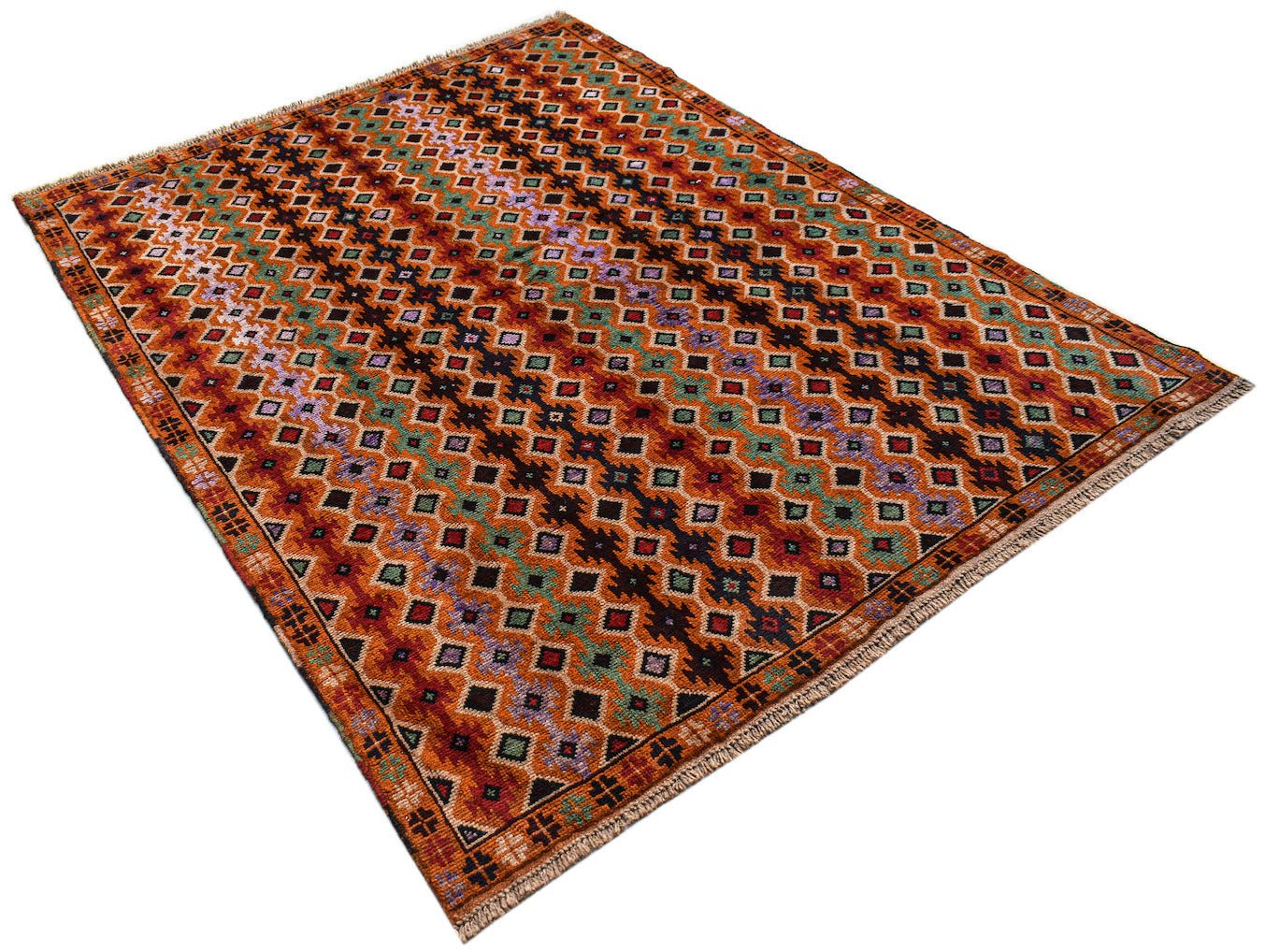 Handmade Afghan Pashm rug featuring a geometric diamond pattern in shades of red, brown, and blue.