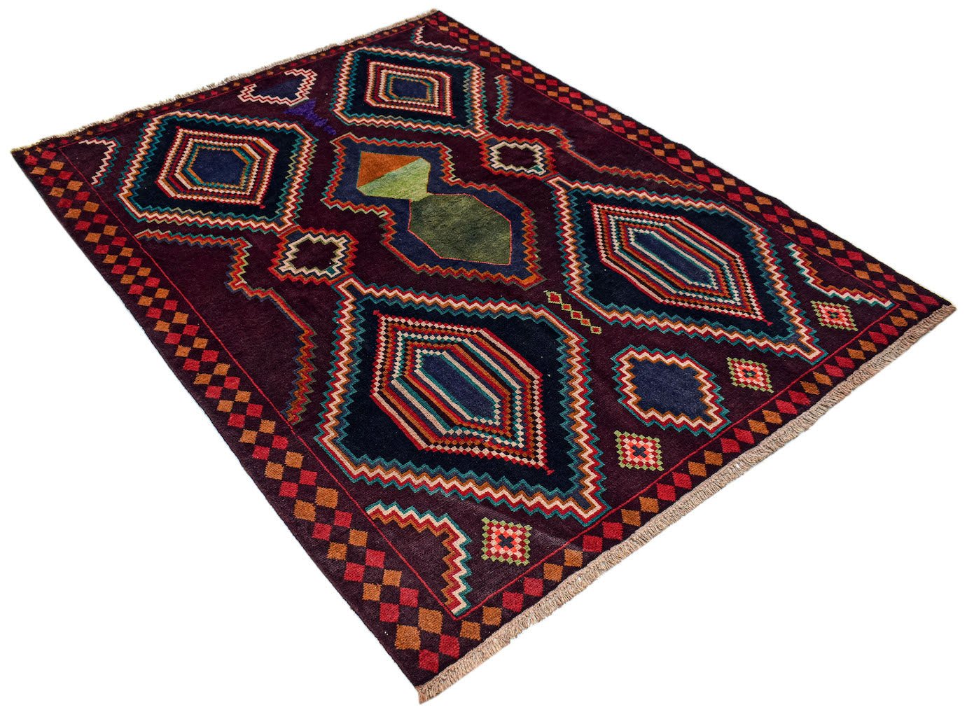 Handmade Afghan Pashm rug featuring geometric diamond patterns in dark red, blue, and green tones.