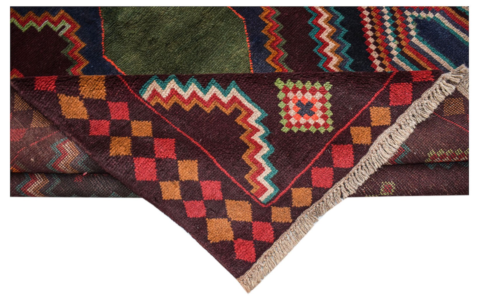 A handmade Afghan Pashm rug featuring geometric patterns in dark red, brown, and blue tones.