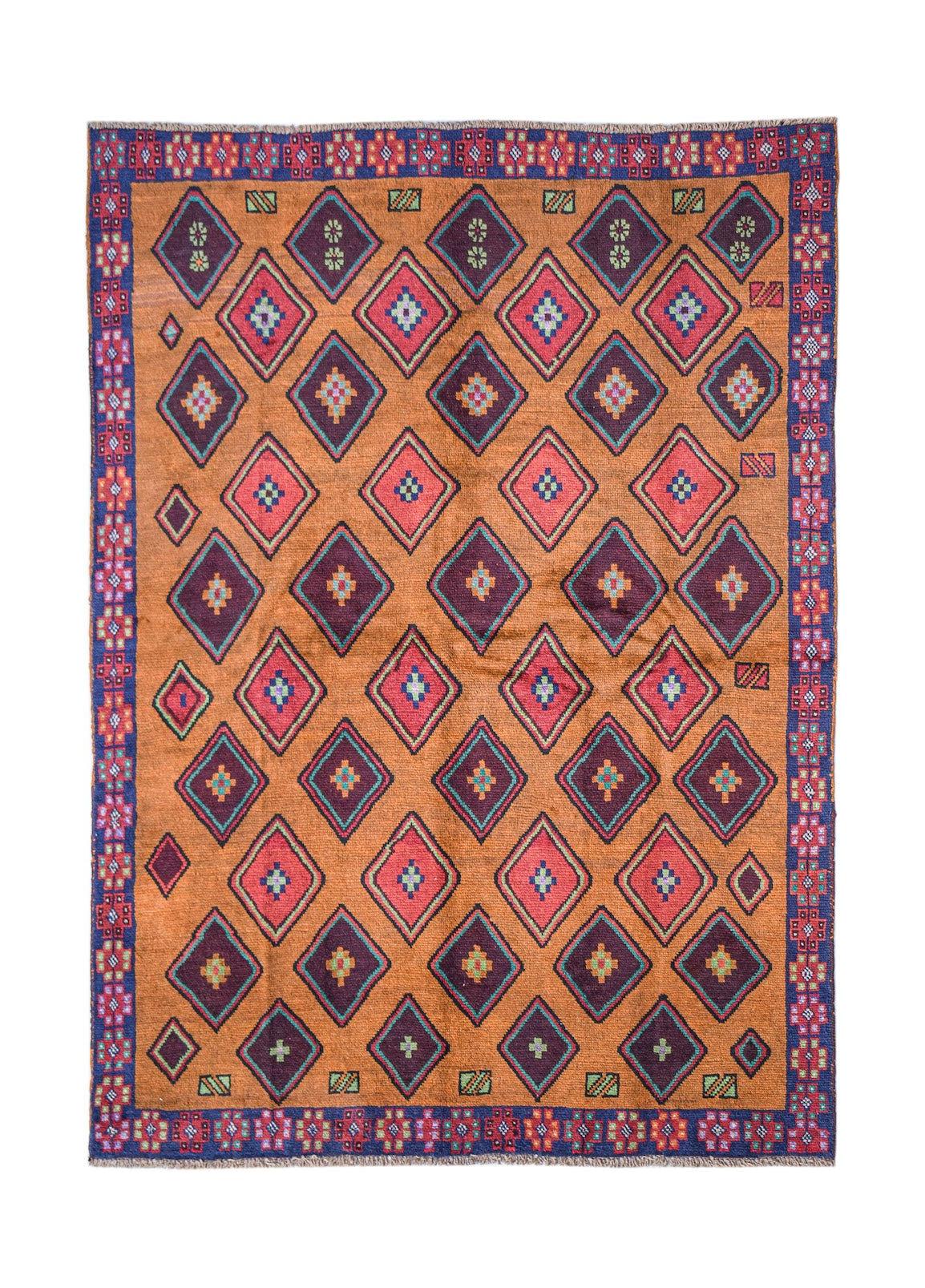 Handmade Afghan Pashm rug featuring a repeating diamond pattern in orange, red, and dark blue.