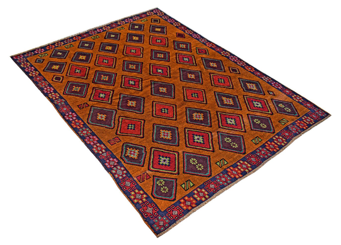 Handmade Afghan Pashm rug featuring a geometric diamond pattern in shades of orange, red, and blue.