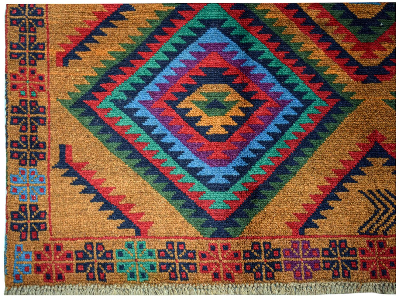 Handmade Afghan Pashm rug featuring a geometric diamond pattern in vibrant colors on a brown field.