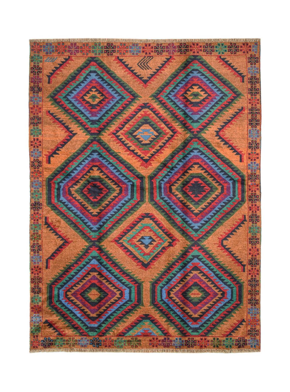 Handmade Afghan Pashm rug featuring a geometric diamond pattern in vibrant red, blue, and orange.