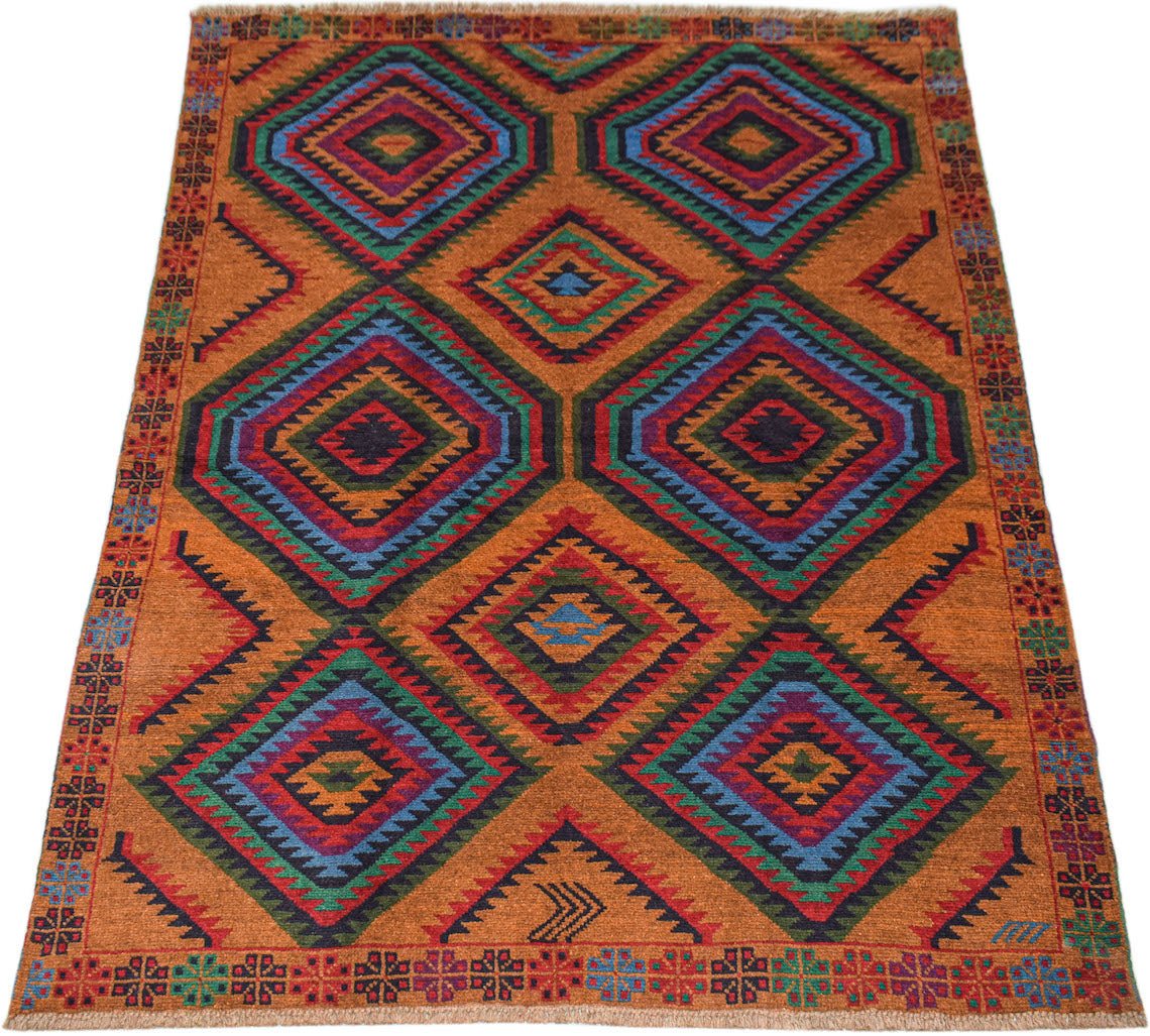 Handmade Afghan Pashm rug featuring a geometric diamond pattern in vibrant colors on an orange base.