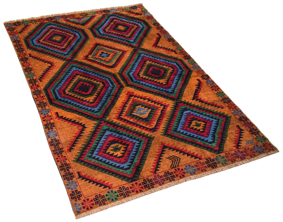 Handmade Afghan Pashm rug featuring traditional tribal patterns in deep red, brown, and blue tones.