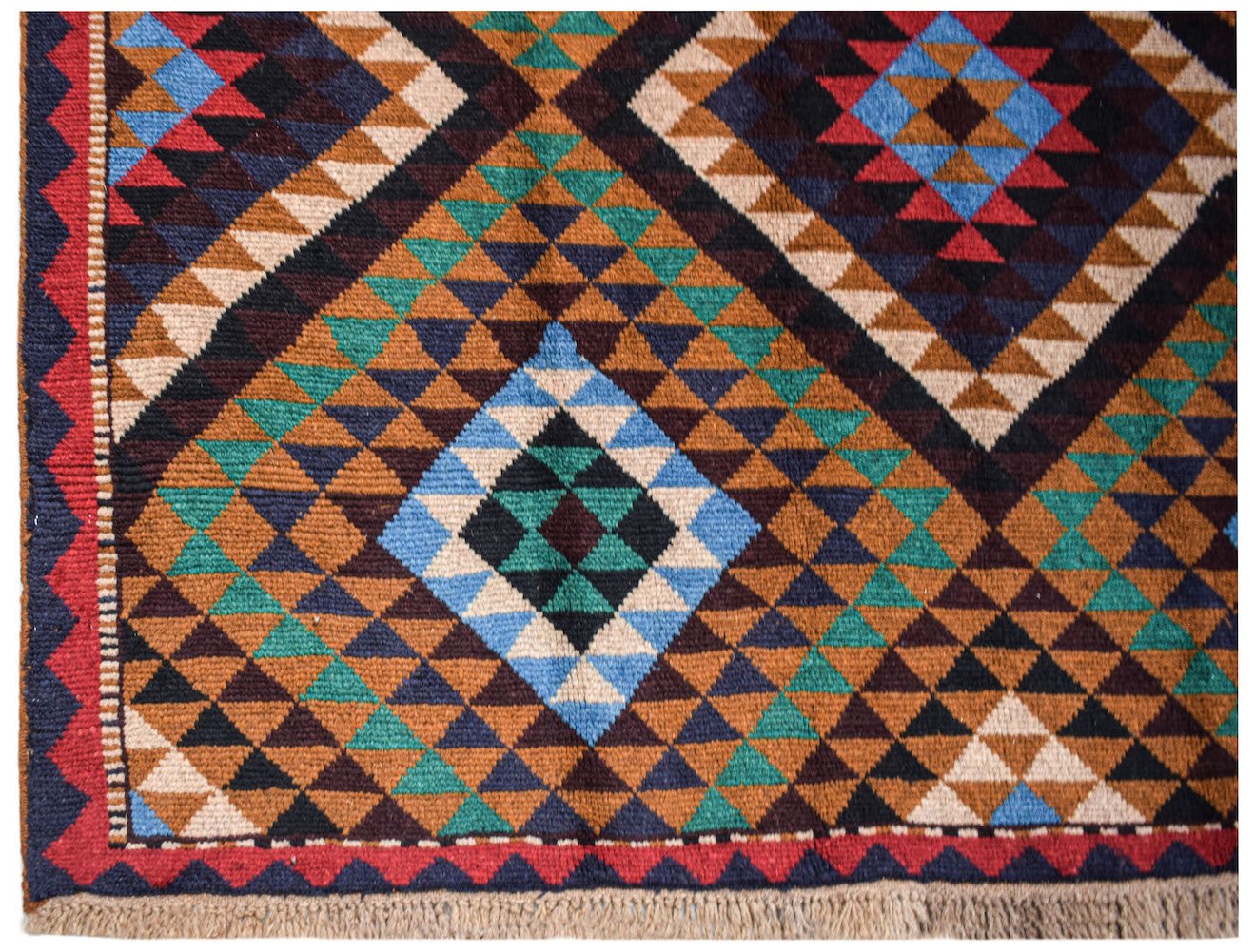 Handmade Afghan Pashm rug featuring a geometric diamond pattern in shades of red, blue, and brown.
