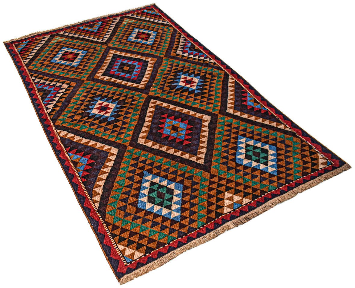 Handmade Afghan Pashm rug featuring a geometric diamond pattern in dark red, brown, and blue tones.