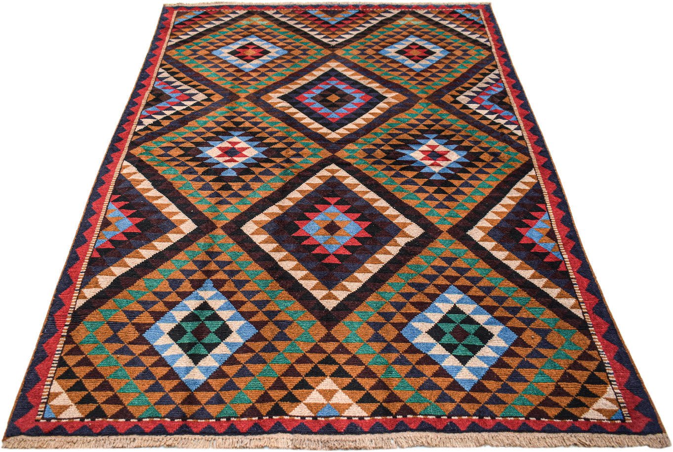 Handmade Afghan Pashm rug featuring a geometric diamond pattern in shades of red, blue, and brown.