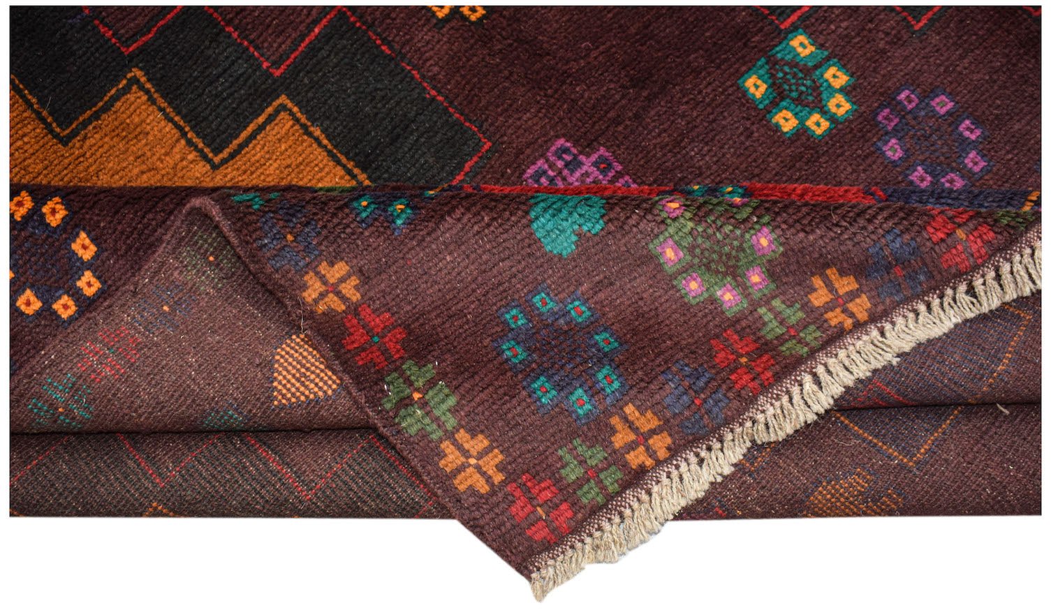 A handmade Afghan Pashm rug featuring a dark brown field with colorful geometric tribal motifs.