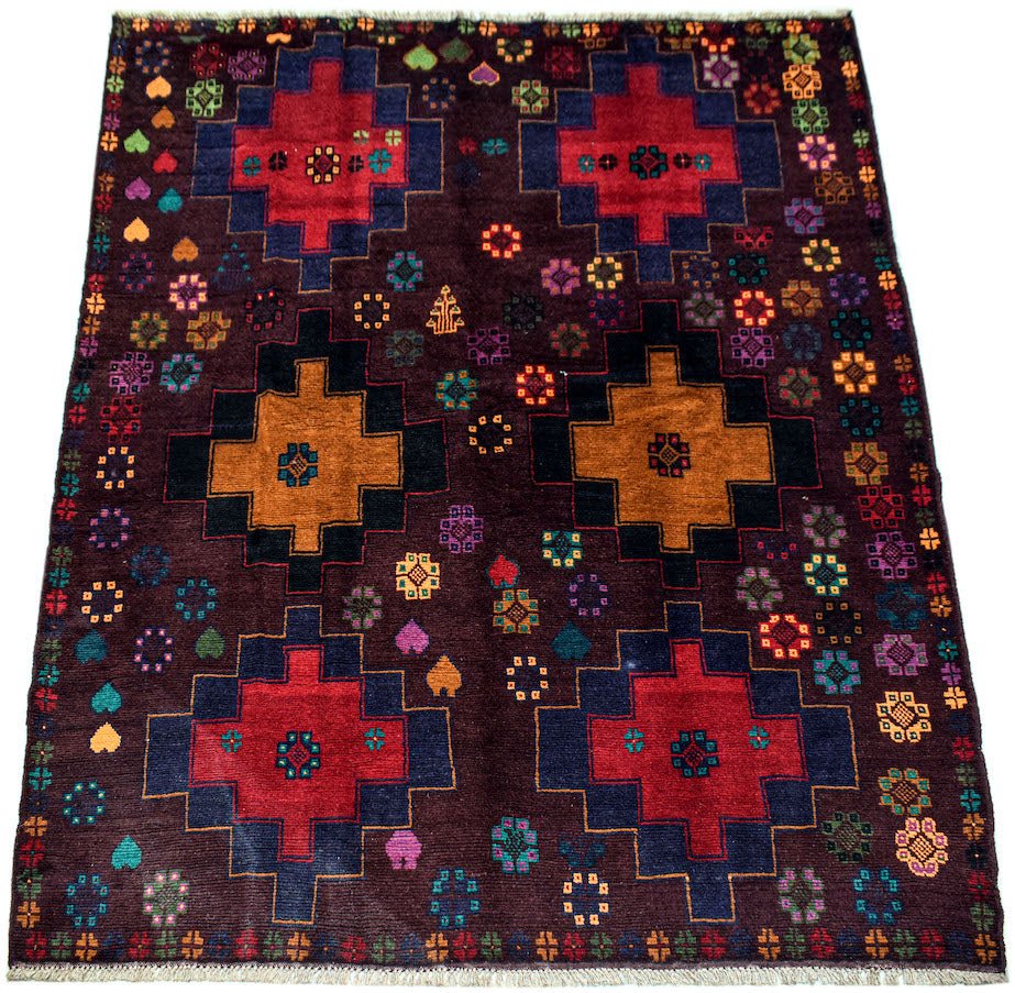Handmade Afghan Pashm rug featuring geometric motifs in red, orange, and blue on a dark background.