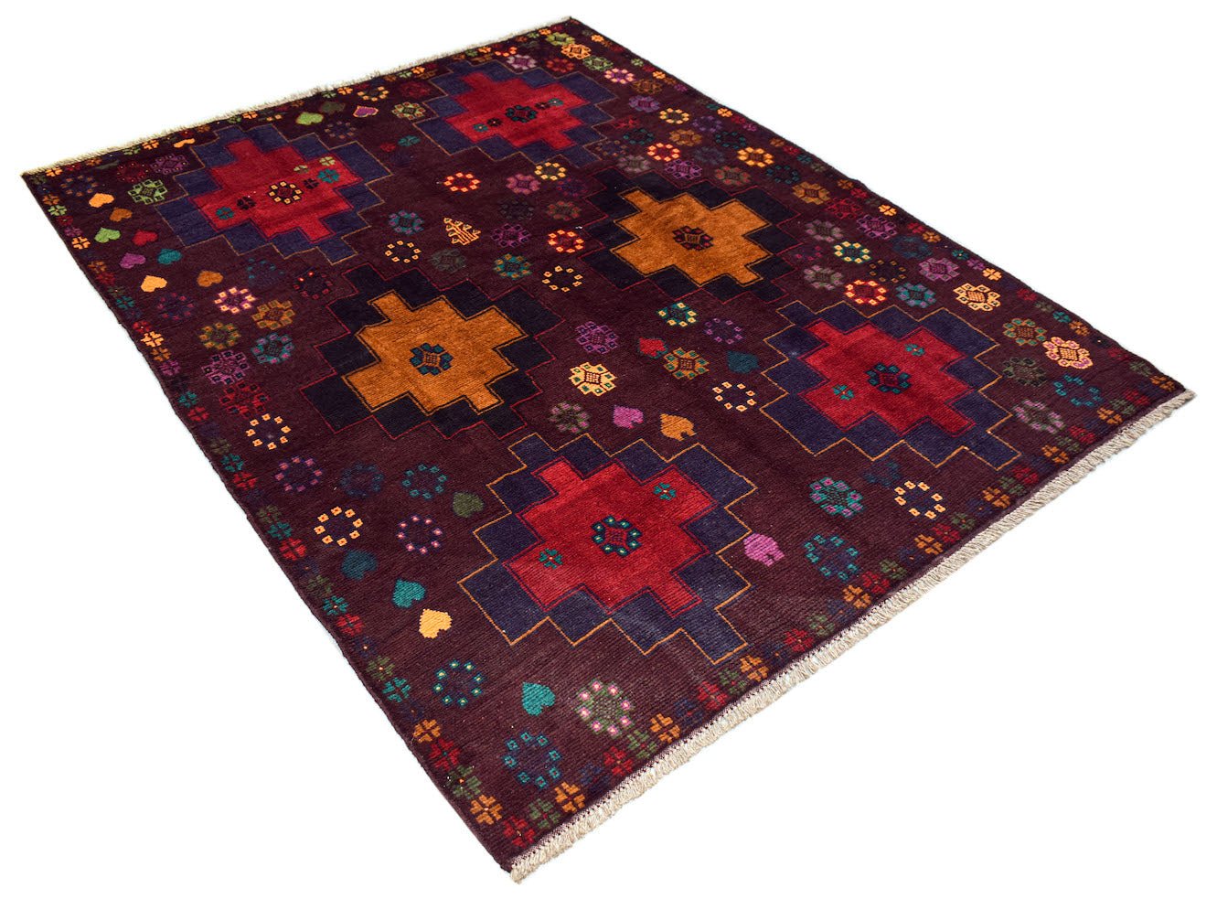 Handmade Afghan Pashm rug featuring geometric patterns in deep red, orange, and blue tones.