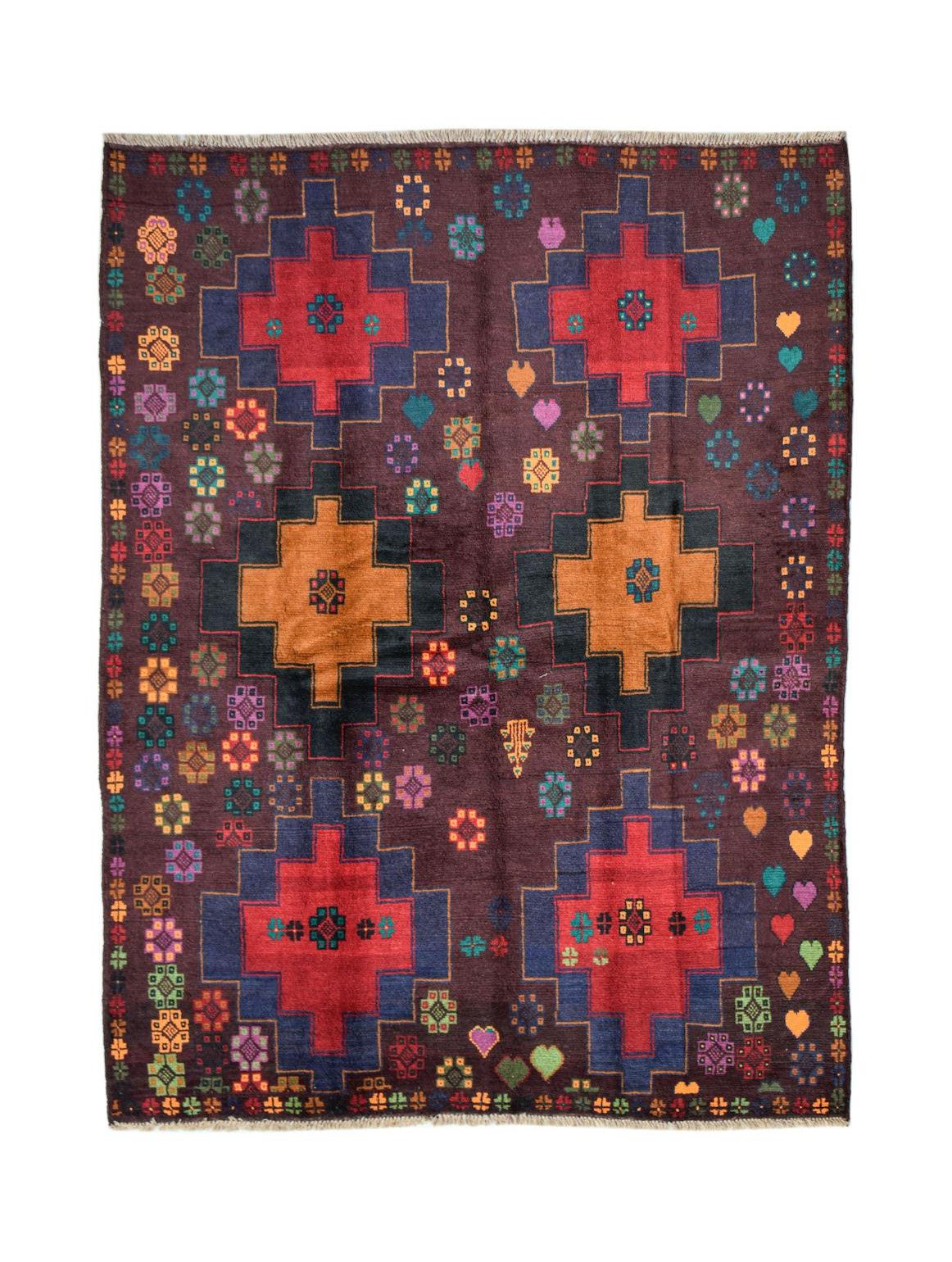 Handmade Afghan Pashm rug featuring geometric patterns in red, orange, and blue on a dark ground.