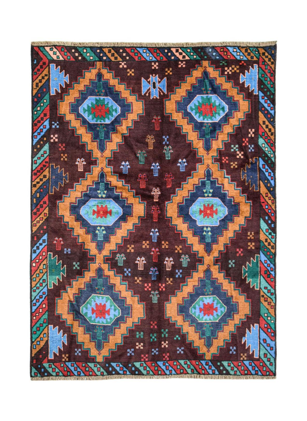 Handmade Afghan Pashm rug featuring a dark brown field with geometric diamond patterns in blue.