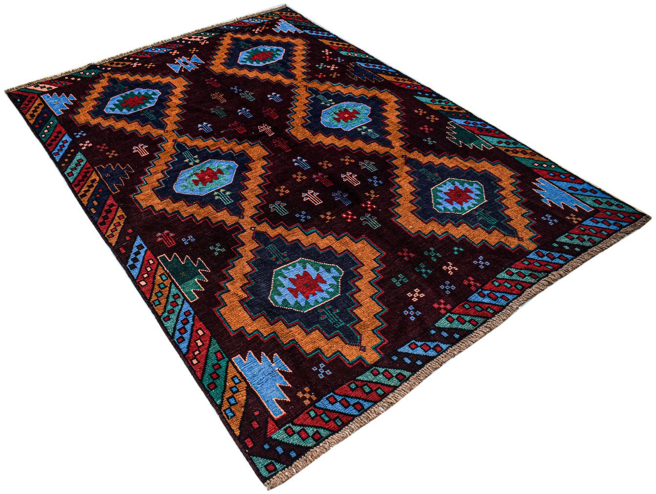 Handmade Afghan Pashm rug featuring a dark brown field with geometric diamond motifs in blue and red.