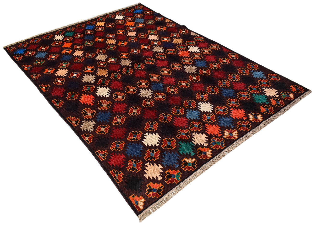 Handmade Afghan Pashm rug featuring a dark field with repeating geometric floral motifs.
