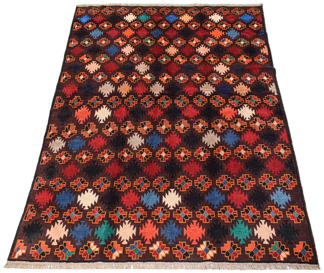 Handmade Afghan Pashm rug featuring a repeating geometric pattern in red, blue, and ivory wool.