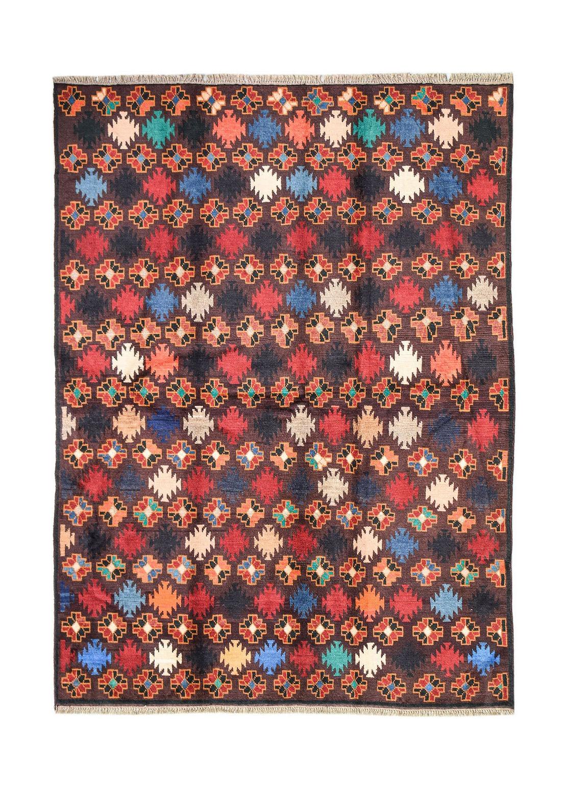 Handmade Afghan Pashm rug featuring a geometric tribal pattern in dark red, blue, and ivory tones.