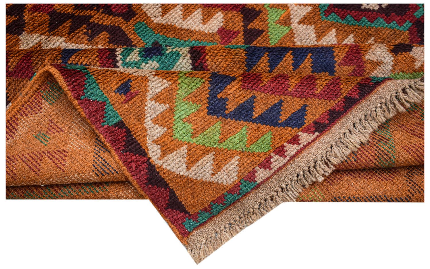 Handmade Afghan Pashm rug featuring a tribal geometric pattern in red, blue, green, and ivory.