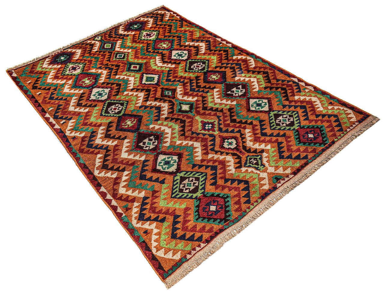 Handmade Afghan Pashm rug featuring a geometric tribal pattern in red, blue, and ivory wool.