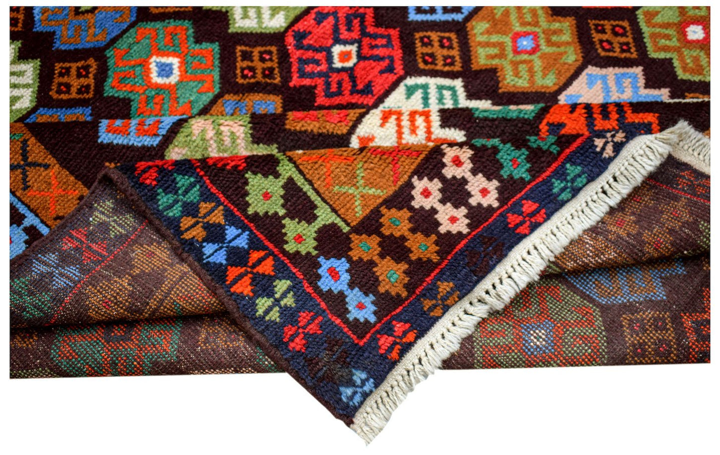 Handmade Afghan Pashm rug featuring a dark brown background with colorful geometric tribal motifs.