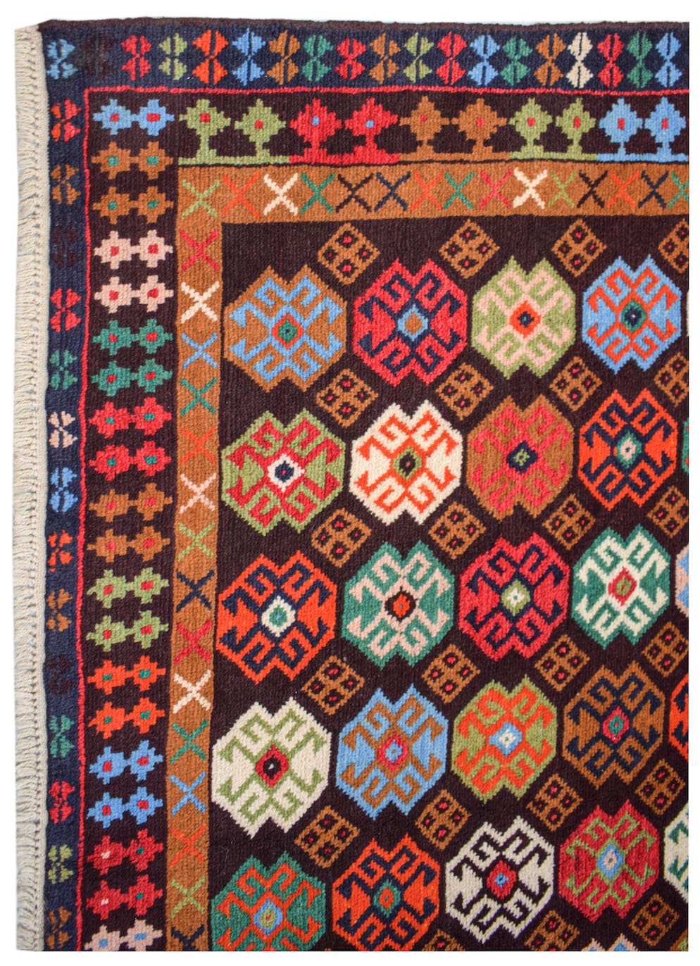 Handmade Afghan Pashm rug featuring a dark brown field with colorful geometric tribal motifs.
