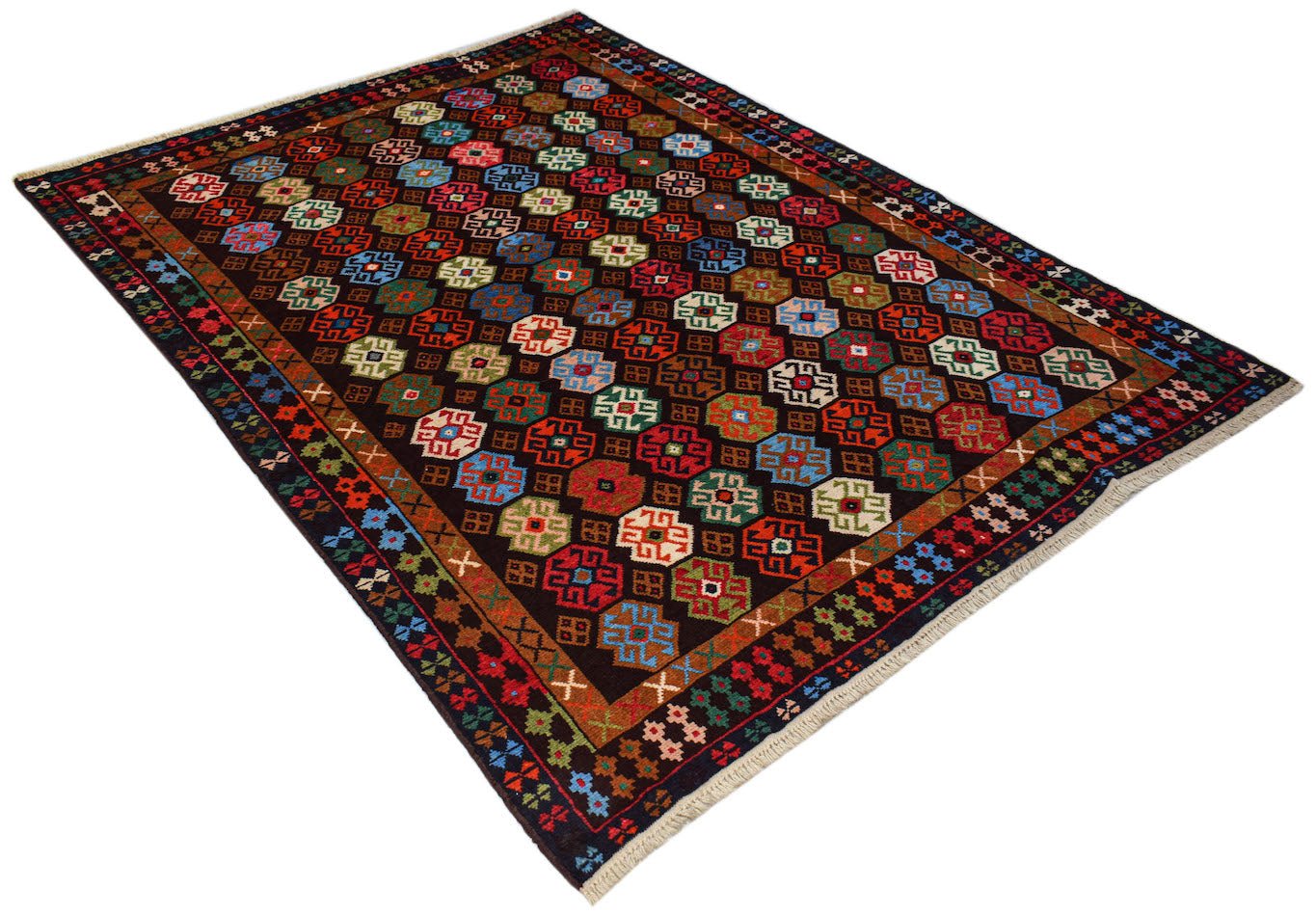 Handmade Afghan Pashm rug featuring a dark field with repeating geometric motifs and fringe ends.