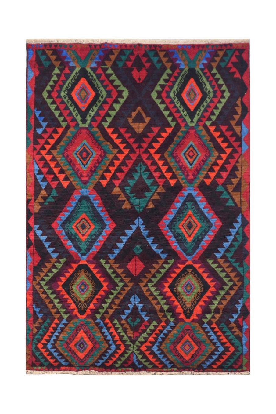 Handmade Afghan wool rug featuring a vibrant geometric diamond pattern in multi-colored hues.