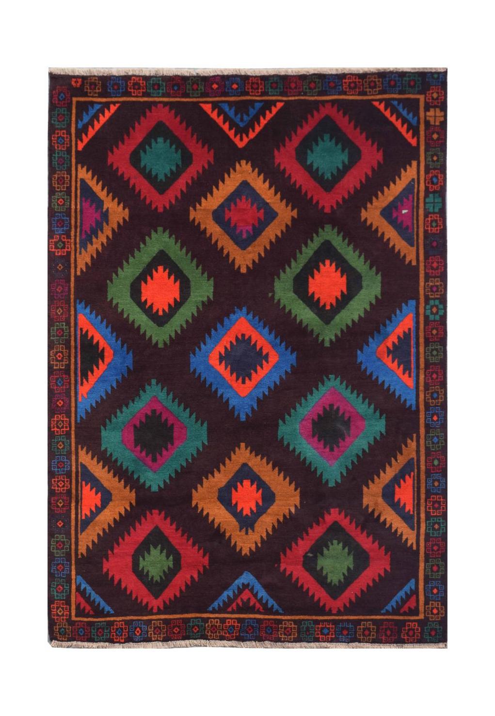 Handmade Afghan wool rug featuring a dark brown field with a colorful geometric diamond pattern.