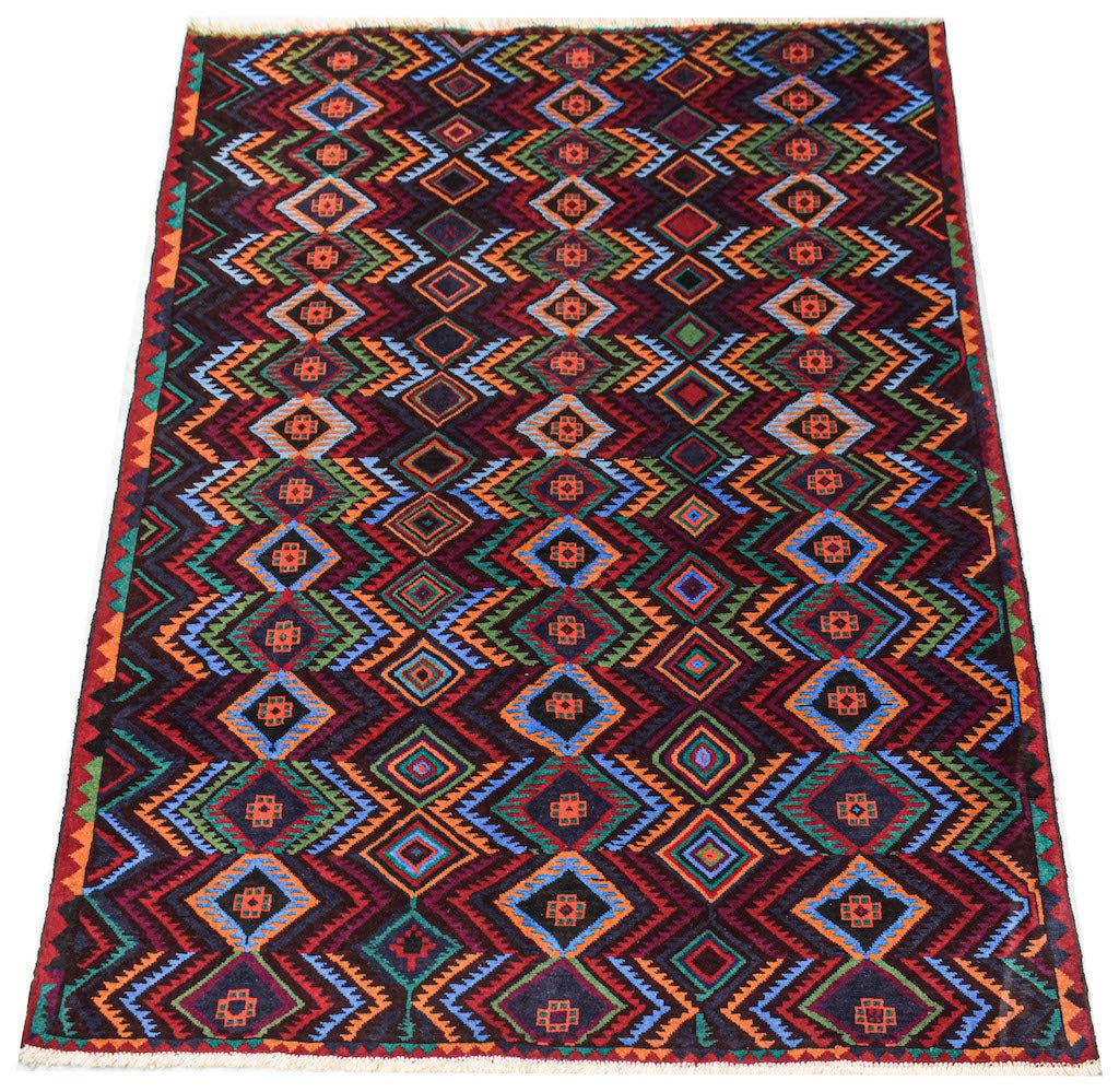 Handmade Afghan Pashm rug featuring a geometric diamond pattern in dark red, blue, and orange.