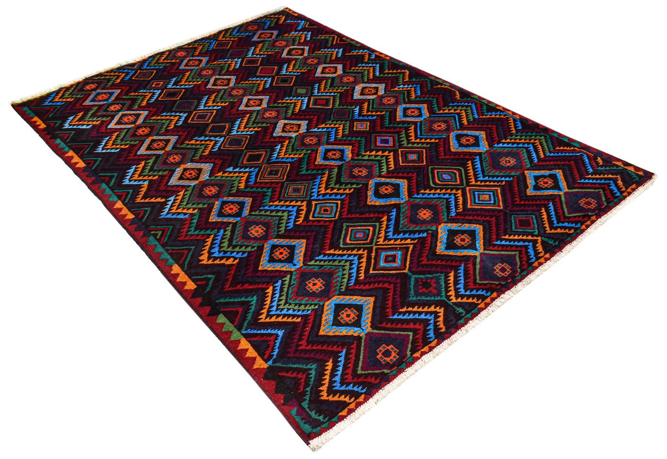 Handmade Afghan Pashm rug featuring a dark geometric diamond pattern in vibrant wool colors.