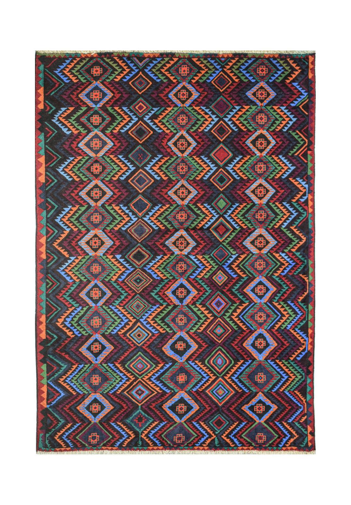 Handmade Afghan Pashm rug featuring a geometric diamond pattern in dark red, blue, and green.